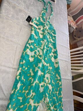 Etcetera Teal White Yellow Floral Backless Dress